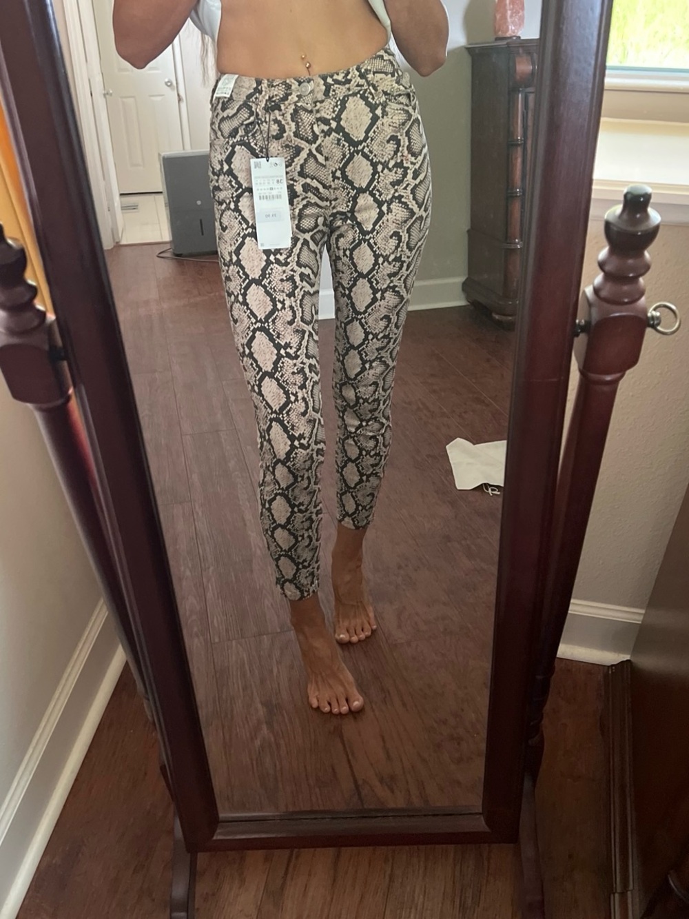 Zara Beige & Black Snake-Print Ankle Pants